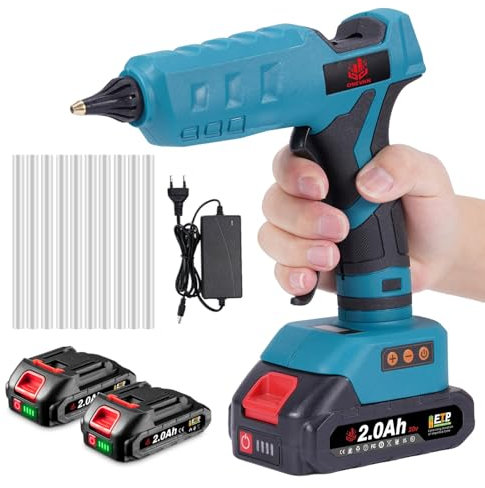 ONEVAN pistola silicona caliente inalambrica, 100-200℃ pistola pegamento caliente a bateria, calentamiento rápido 60s, pantalla digital, pistola termofusible con 2x baterías 2Ah y 10x pegamento 11mm