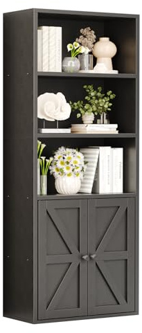 Nordivale Bücherregal mit Türen, Bücherregal Schwarz aus Holz, Bücherschrank Hoch mit 5 Ebenen, Standregal, für Wohnzimmer, Schlafzimmer, Büro, Arbeitszimmer, 1 Stück
