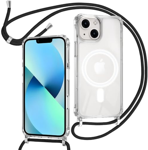 ZYIMOU für iPhone 13 Mini Hülle mit Band Kompatibel mit MagSafe, Transparent Magnetische Handyhülle mit Kordel zum Umhängen Handyband Stossfest Schutzhülle，Kette Schwarz