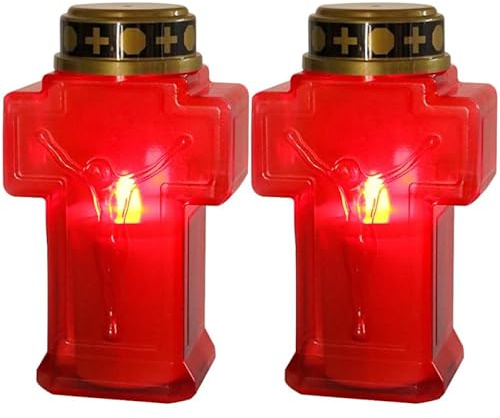 POPETPOP 2pcs LED Memorial Candles for Graveside, Battery Operated Flameless Cross Pillar Light, Waterproof Cemetery Grave Lights for Church Altar, Outdoor Religious Funeral Decor, Red 15cm