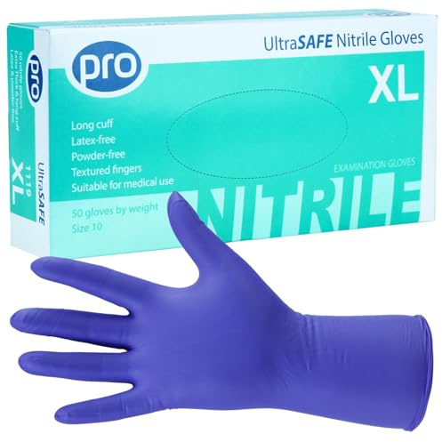 PRO UltraSAFE Violet Long Disposable Gloves - Nitrile Gloves Disposable Extra Large - 50x Pack - Powder Free - Latex Free - Ideal for Food Prep or Salon Use - Medical Grade, Food Safe PPE