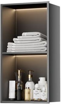 Led Shower Niche, Stainless Steel Bathroom Niches, No Tile Needed, 90.5° Sloped Design, 2-layer Recessed Shower Cabinet, Vertical Niche for Bedroom Kitchen Living Room(Gray)