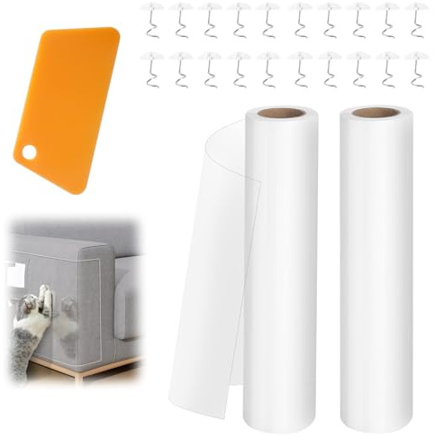 VOSSOT 2 PCS Pellicola Adesiva Trasparente con 20 Spilli e 1 Spatola, 20 cm x 3 m Pellicola Antigraffio Gatto Divano, Pellicola Trasparente Adesiva per Mobili, Tavolo, Parete e Porta