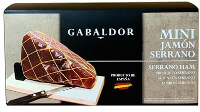 Mini Jamón Serrano 1 Kg + Jamonero + Cuchillo + Caja Presentacion. 10 Meses de Curacion. Jamon Serrano Mini ideal para Regalo. Gabaldor.