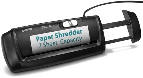 Paper Shredder for Home, Portable Paper Shredders Heavy Duty with Extendable Arm – 7 Sheet Strip-Cut, Credit Card Slot, Mini Document Shredder Without Basket for Home, Office, Overheat, Jam protection