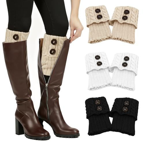 SEFIRST 3 Paires Guêtres Jambières Femme Fille, Bouton Crochet Jambières Guêtres Femme Fille Hiver Chaudes Courte Chaussettes Boot, Chaussettes Boot, Legging Chausette Extensibles, 3 Couleurs