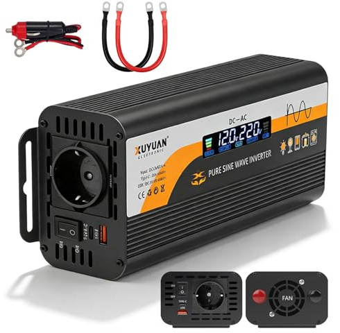 GAOUTO Inversor de corriente de 700 W/1400 W, 12 V y 24 V a 220 V, inversor de onda sinusoidal pura, pantalla LCD, transformador de voltaje con 1 enchufe europeo y 1 conector tipo C y USB, conector