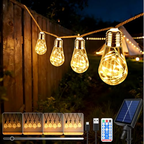Caldara 8M Solar String Hemp Rope Light Outdoor, 16 S17 Shatterproof Bulbs, USB Fairy String with Remote Control, 8 Modes & Timer, Waterproof, for Outdoor Patio Gazebo Pergola Decorative(Warm White)