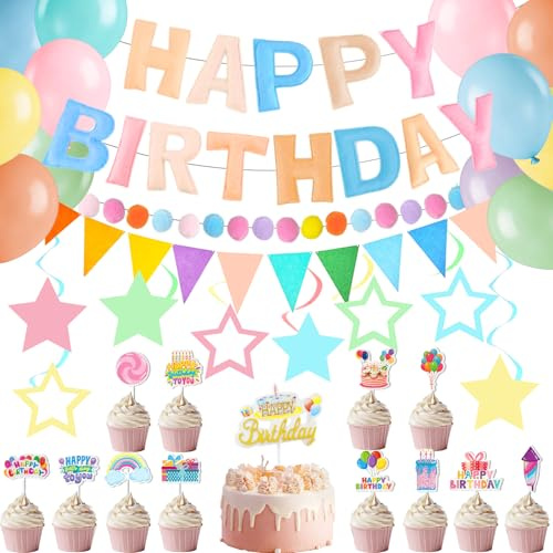 43PCS Pre-Strung 3D Felt Happy Birthday Banner, Macaron Color Happy Birthday Fabric Banner Felt Pom Garland Triangle Fabric Happy Birthday Banner for Handmade Felt Reusable Birthday Banner Supplies