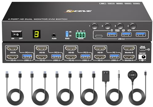4 Port HDMI KVM Switch 2 Monitors 4 Computers 4K@60Hz EDID Simulation,Dual Monitor KVM Switch with 4 USB 3.0 Ports for USB Peripherals,Audio,RS232,with Wired Remote,12V Power and 4 USB Cables