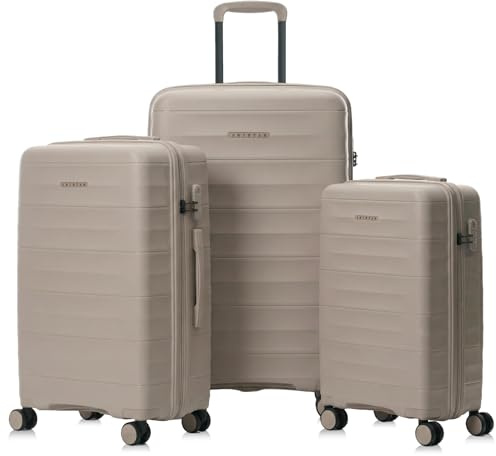 ABISTAB Mariner Kofferset 3-teilig S/M/L, 360°-Doppelrollen, Dune Grey | S 55 cm, M 68 cm und L 77 cm, PP-Hartschale, hochwertig & robust, klare Innenaufteilung für Familienreisen