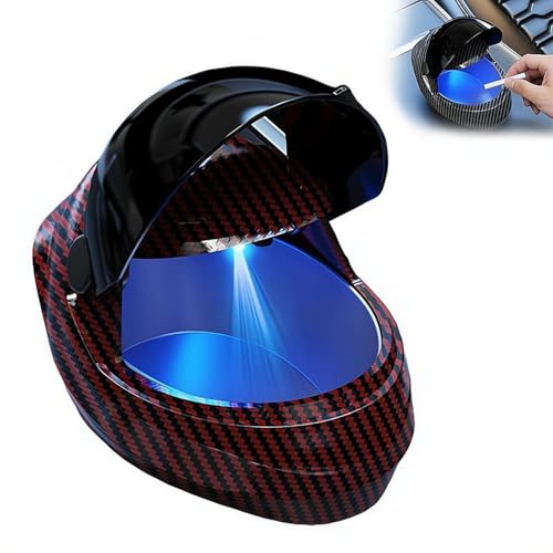 Cendrier de voiture style casque de moto avec lumière LED intégrée, cendrier portable sans fumée en fibre de carbone, doublure en métal ignifuge et couvercle anti-odeurs pour porte-gobelet automobile