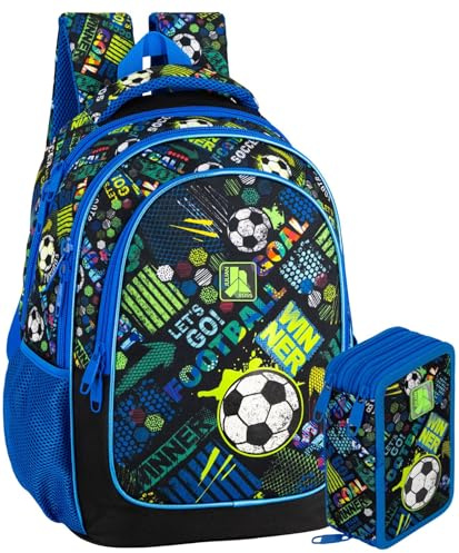 Schulrucksack Set Jungen Grundschule 6-10 Jahre – Ergonomischer Fußball Rucksack (33x43x20 cm) & 3-Fach Federmäppchen Gefüllt (46 Teile) – Goal Power Design