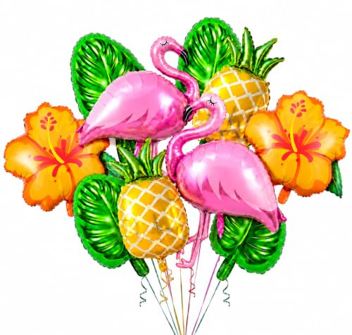 10 palloncini tropicali hawaiani, fenicottero, ibisco, ananas, foglie di Monstera, per Luau Summer Hawaii, Aloha, spiaggia, piscina, decorazioni per feste di compleanno (arancione)