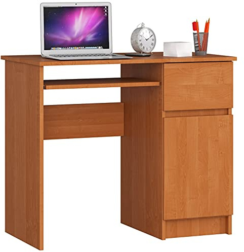 AKORD | Scrivania con Ripiano per Tastiera | Office Desk | Cassetto e Armadietto Sul Lato Destro | Scrittoio per Ufficio | Per Computer PC Laptop | 90x77x50 cm | 30 kg Ontano