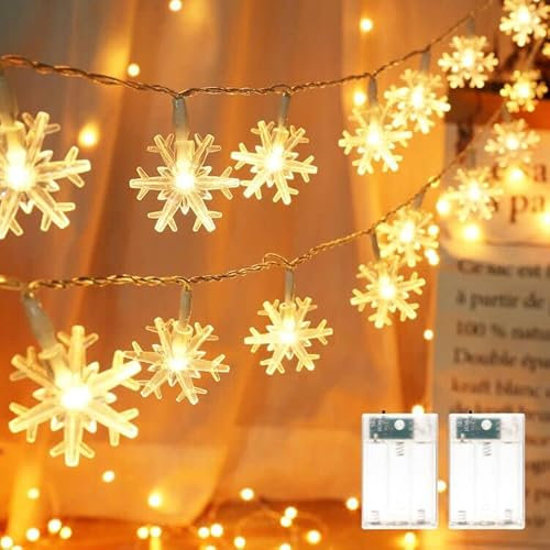 PhilzOps Weihnachten Schneeflocke Lichterketten, 2 Stück 4M 40 LED Warmweiß Lichterkette Innen Batterie Betriebene Weihnachtsdeko Beleuchtung für Schlafzimmer Party Zimmer Geburtstag Außen Garten