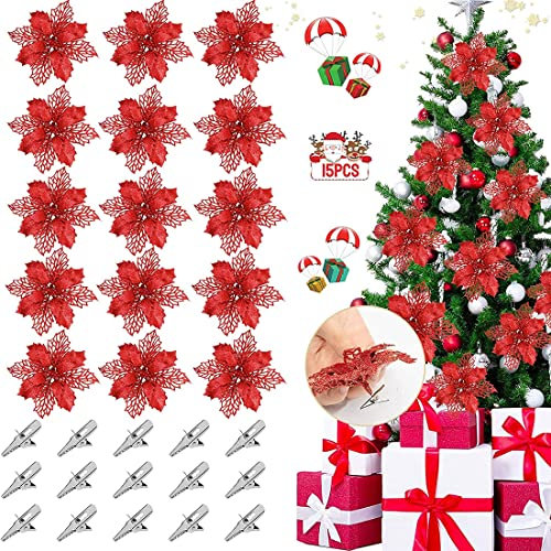 15 Stück Stück Weihnachten Glitzer Weihnachtsstern Blumen mit Clips, Weihnachtsblumen Künstlich Blumen Deko, Christmas Glitter Poinsettia, Weihnachtsbaum Dekoration,für Hochzeit Neujahr, 16cm, Rot