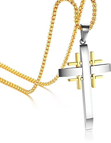 KnSam Halskette Mann, Edelstahl Kreuz Anhänger Erbskette, Punk Rock Gothic Herren Gold Kette, 60 CM