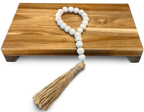 Lyfe Simple Natural Acacia Wood Pedestal Stand | Wood Riser with Decorative Beads | Kitchen Counter Decor | Soap Tray for Kitchen Sink | Bathroom Tray | Tabletop Wooden Stand (12 x 7 x 1.75 Inch)