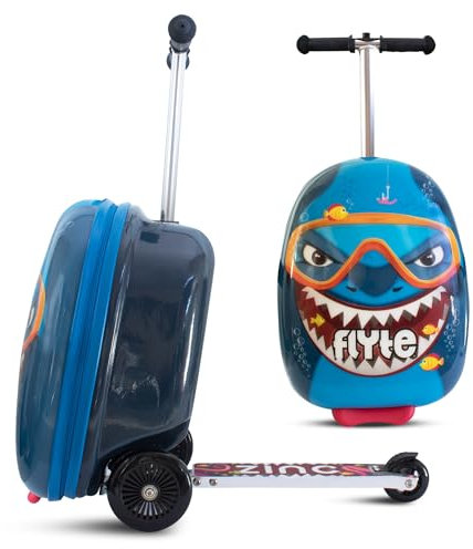 Flyte Scooter Koffer - 2-in-1, 45 cm Reisekoffer Kinder, 25 Liter Fassungsvermögen Kinderkoffer Handgepäck, Reisetasche Kinder mit Rollen, Hartschalenkoffer Kinderreisetasche - Stormy der Hai