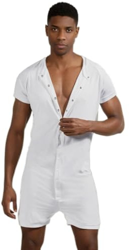 DLSMDOUS Pijama De Manga Corta para Hombre Sexy De Una Pieza Mono Mameluco Elástico para Adultos Blanco L