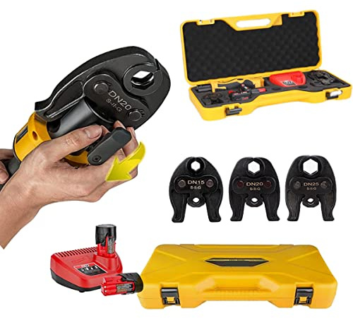 Portable Battery Hydraulic Pipe Press Tool, for Plumbing Installation Mini Stainless Steel Crimping Tool with 3 Jaws/LED Light /2 Batteries