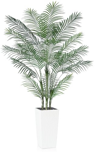 SOGUYI 7FT Artificial Palm Tree - UV Resistant Faux Tropical Plant for Indoor & Outdoor Use - Fake Silk Floor Tree with White Taper Planter
