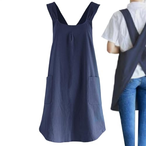 Delantal de cocina | Delantales para hornear con espalda cruzada, delantales de trabajo con bolsillos, delantales multifuncionales para hornear, pintar y jardinería, azul marino, Refer to