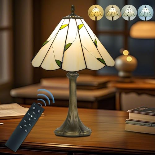 12 Inch Tiffany Table Lamps With Remote Control , Stained Glass Lamp with Stepless Dimmable Colors Temperature & Brightness for Living Room Bedroom Office , 9W Bulb Included (Umbrella Willow Leaves)