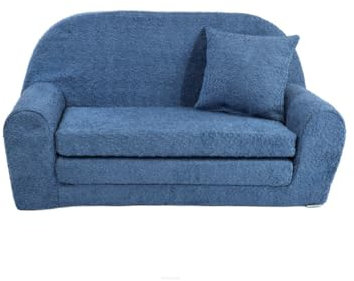 FORTISLINE - Kindersofa David Mini - Ausklappbares Mini-Sofa aus Plüsch mit Verlängerung - Schlafcouch 78 x 45 x 40 cm - Kinder Sitzsofa Oeko-TEX Zertifiziert - inkl. Kissen - in 6 Farben - Blau