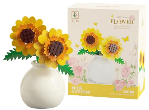 Mini Flowers Building Block Set with Vase - Creative Bouquet Plants Building Blocks Flowerpot for Home Office Décor, Botanical Collection Birthday Gifts for Kids Adults (Sunflower)