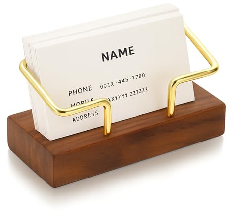 TVOOD Walnut Wood Business Card Holders: Personalised Business Cards Stand for Office Desk T-Shaped with Metal Frame Capacity for 70 Cards Organizer Cards Display