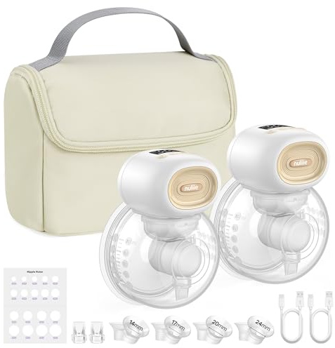 Nuliie Wearable Breast Pump Electrical with Storage Bag, LED Display, 4 Modes and 12 Suction Levels, Portable Hands Free Breast Pump with 14/17/20/24/27mm Flange (2 Packs, White)