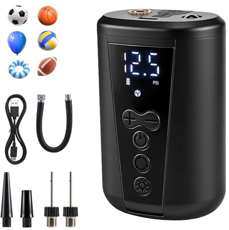 Bomba de Bola Eléctrica, Bomba de Aire Inteligente Bomba de Bola Inflador Portátil con Manómetro Preciso, Pantalla LCD Digital, Luz LED, 2-15 PSI, 2000mAh para fútbol, ​​Baloncesto, Voleibol, Rugby