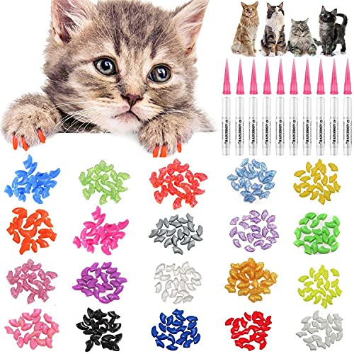 JOYJULY 100pcs Weiche Haustier Katze Kätzchen Klaue Nagel Abdeckungen Kappen steuern Weiche Tatze von 5 Verschiedene Farben Random+5 Klebstoff Kleber, Größe M