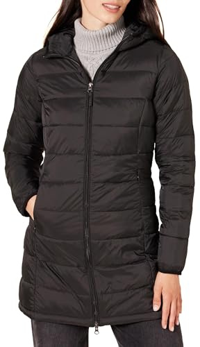 Amazon Essentials Chaqueta Acolchada con Capucha, Ligera e Impermeable (Disponible en Tallas Grandes) Mujer, Negro, XS