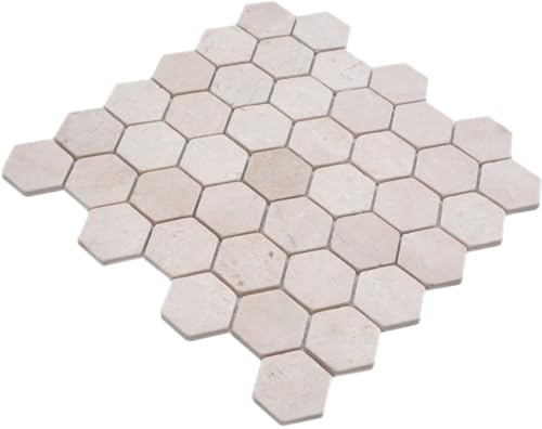 Mosaik Fliese Marmor Naturstein beige Hexagon Marmor Botticino Anticato für BODEN WAND BAD WC DUSCHE, Mattengröße: 298x305 = 0,09 qm, Steingröße: 48x48x7 mm - 1 Matte