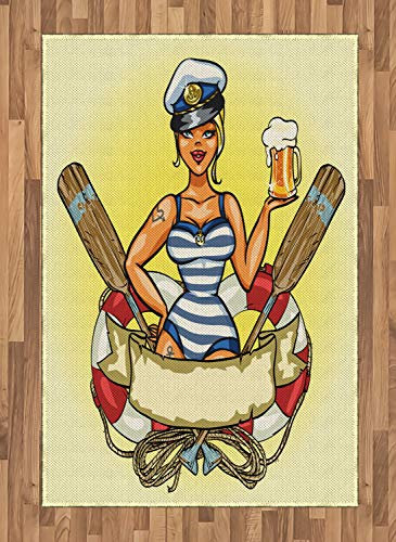 ABAKUHAUS Retro Teppich, Seemann Blonde im Rettungsring, Deko-Teppich Digitaldruck, Färben mit langfristigen Halt, 120 x 180 cm, Mehrfarbig