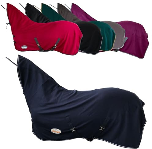 Marengos - Abschwitzdecke Economic mit Halsteil – Marine – 155cm | Pferdedecke mit Kreuzgurt, Metallverschluss, Schweifkordel – atmungsaktive Fleecedecke – Pferde-Outdoordecke – Zubehör