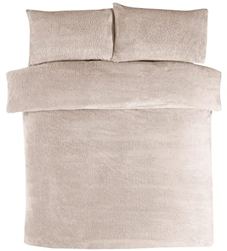 Sleepdown Teddy-Fleece-Bettwäsche-Set mit Kissenbezügen, Thermo-Bettwäsche, warm, gemütlich, super weich, Elfenbein, Samt