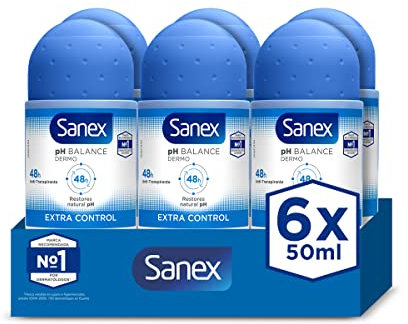 Deodorante Sanex Roll-on Dermo Extra Control, 50 ml, Confezione da 6 Pezzi