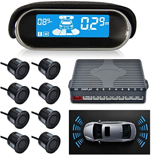Reversing Radar, Dual-core Front and Rear LCD Display Car Vehicle Reverse Backup Radar System with Parking Sensors.(8 Sensors, Black)
