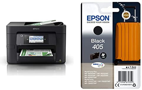Epson WorkForce WF-4820 All-in-One Wireless Colour Printer with Scanner, Copier, Fax, Ethernet, Wi-Fi Direct and ADF, Black & 405 Black Suitcase Genuine, DURABrite Ultra Ink