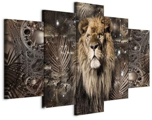B&D XXL - Wandbilder XXL Tier 200x100cm 5 tlg - Wand Deko Leinwand Bilder Groß Wanddeko Wohnzimmer Schlafzimmer Kunstdrucke Abstrakt Löwe Ornament Palmen j-C-10002-b-a