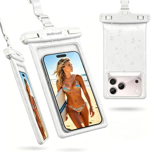 wellhouse Wasserdichte Handytasche/Handyhülle für iPhone 15, 14, 13, 12 Pro Max, XS, Samsung, IPX8, 3D, Strand-Essentials (Weiß, 1er-Pack, 8 Zoll (20,3 cm)