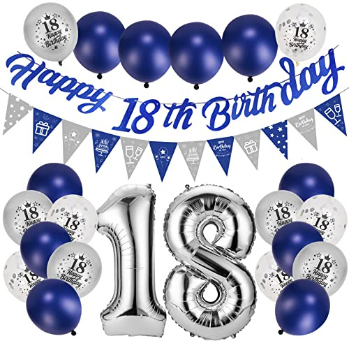 Afirbeone 18th Birthday Decorations - Navy Blue & Silver, Happy 18th Banner, Triangle Flag, Confetti & Aluminum Foil Balloons