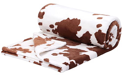 PiccoCasa Cow Flannel Fleece Throw Blanket - Brown 130cm x 150cm | Brown and White Throw Blanket, Soft 300GSM Fleece Flannel, Lightweight Cute Comfy Warm Cow Texture for Couch Sofa Bed Office