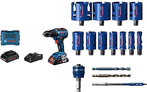 Bosch Professional Akkuschrauber GSR 18V-55 (2x 4,0 Ah ProCore Akku, in L-BOXX) +15 tlg. Expert Construction Material Lochsäge Set (für Weichholz, Ø 20-76 mm, Zubehör Bohrmaschine)
