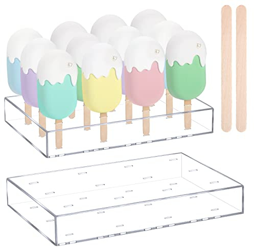 Gejoy 2 Pcs Cakesicle Stand Display Acrylic Cake Pop Stand Reusable Cake Pop Holder Clear Lollipop Holder and 100 Pcs Wood Ice Cream Sticks for Birthday Wedding Baby Shower Parties Dessert Table