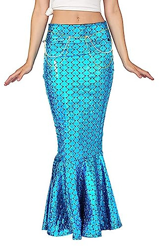 Costume de queue de sirène brillante pour adulte - Jupe longue à paillettes métalliques avec chaîne de perles - Déguisement pour Halloween et costumade (A-c-bleu, taille L)